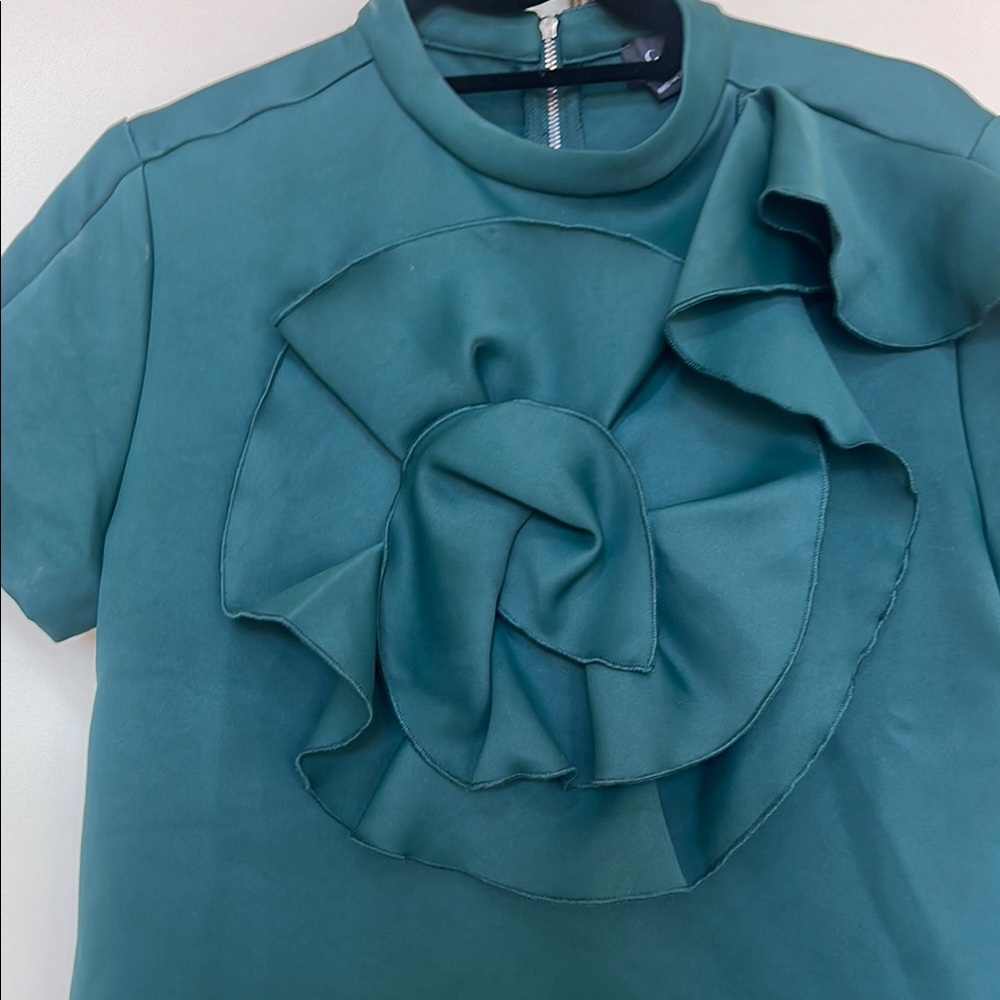 Gracia Green Ruffled Mandarin Collar Blouse Size L - Picture 3 of 4